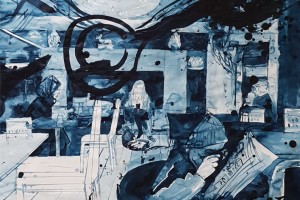 Briant Rokyta, Cafe Geier 2018, 85x150 cm, Tusche auf Papier