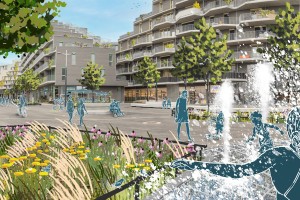 Visualisierung von Bäumen und Wasserspielen sowie angedeuteten Menschen. Im Hintergrund Foto des realen Simone-de-Beauvoir-Platzes in der Seestadt. 